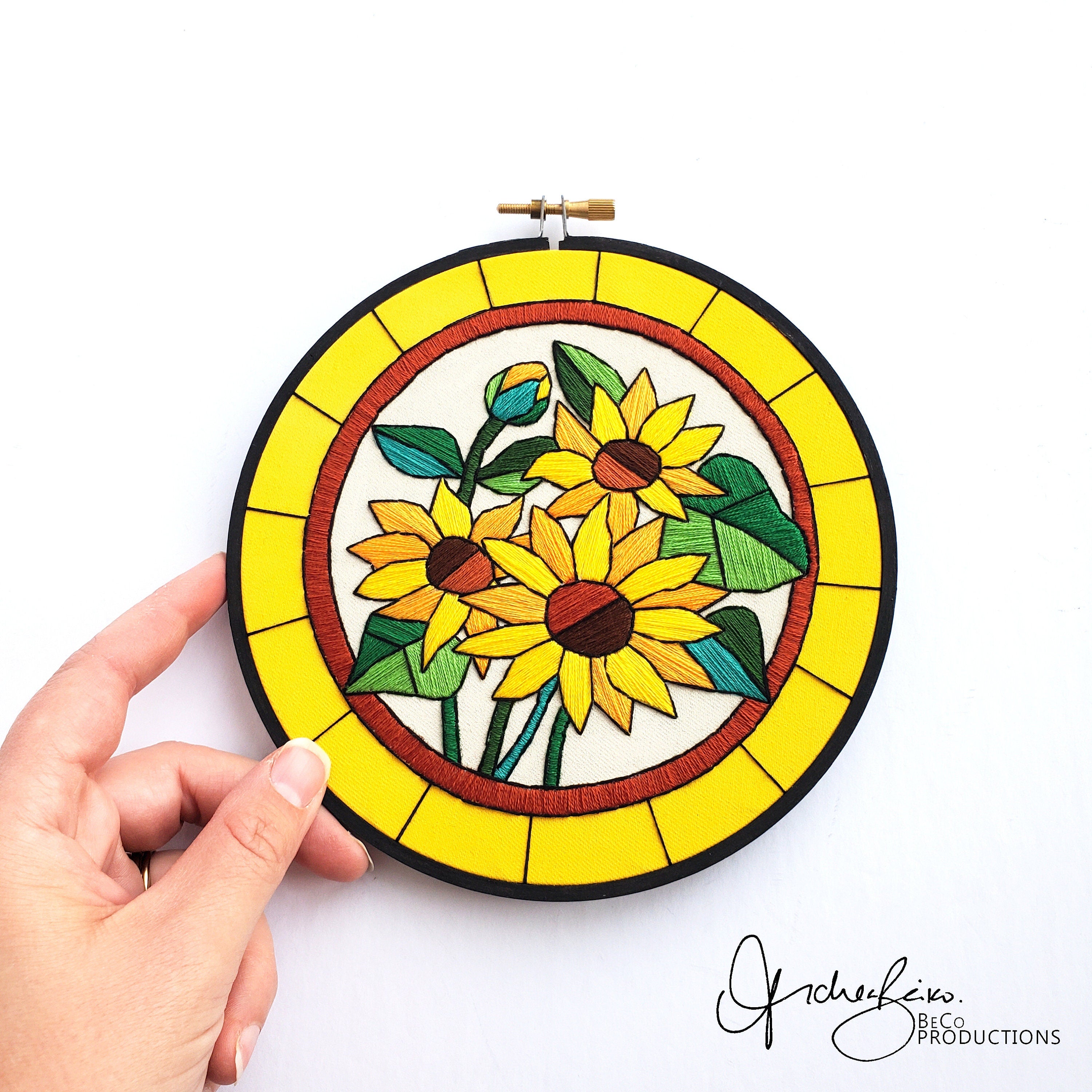 AUGUST Monthly Series Stained Glass Sunflowers- PDF Digital Download Embroidery Pattern & Guide