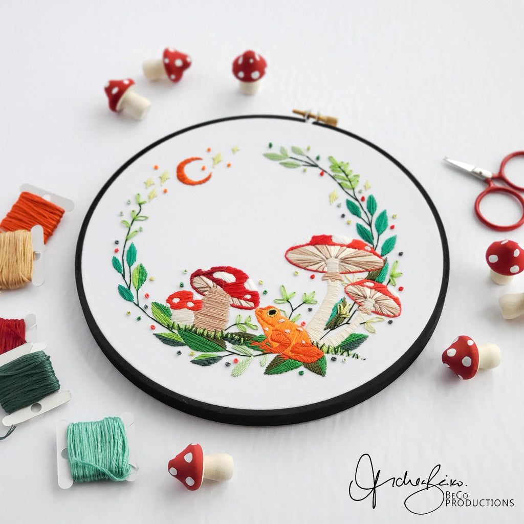 Mushroom & Frog Wreath - PDF Digital Download Embroidery Pattern & Guide