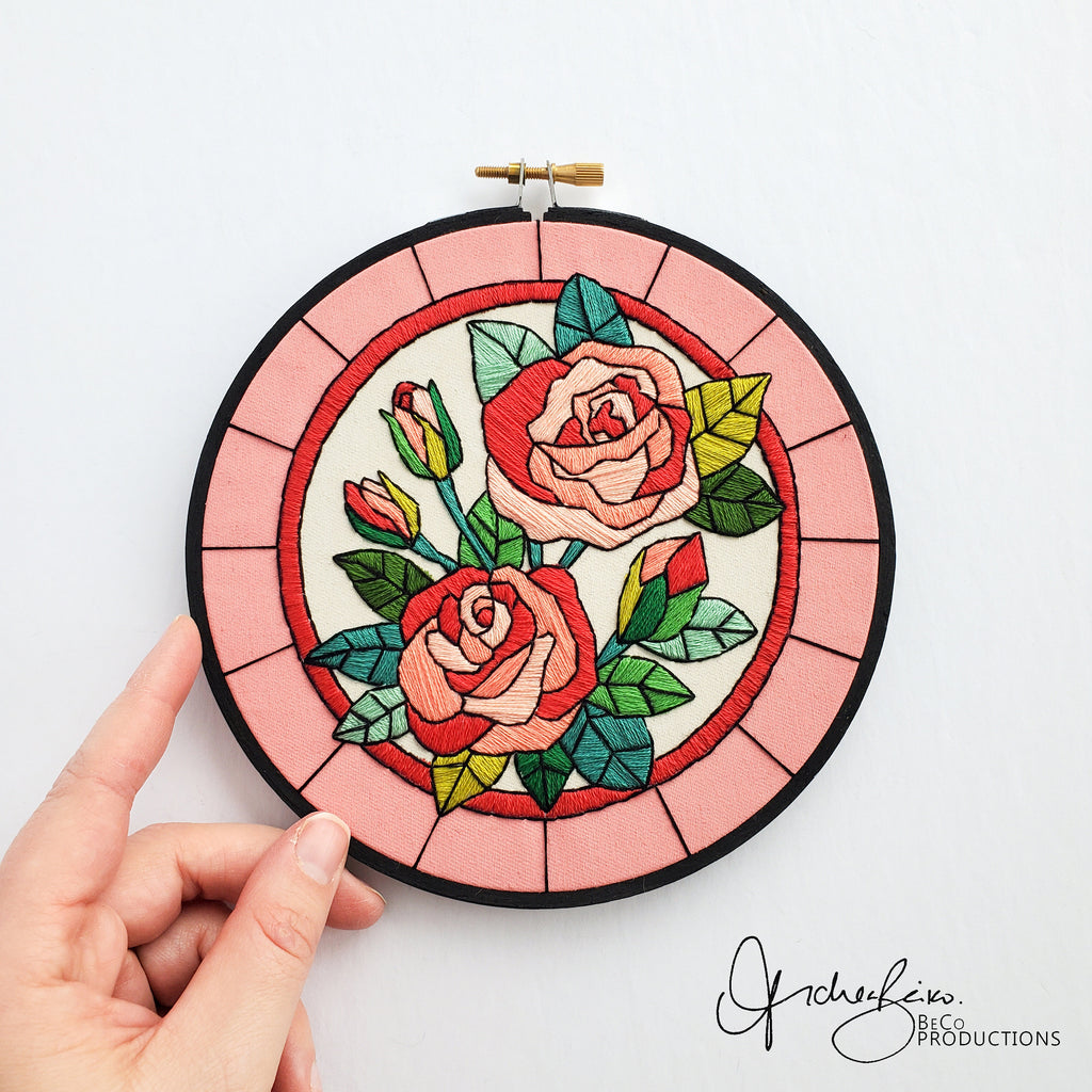 FEBRUARY Monthly Series Stained Glass Roses- PDF Digital Download Embroidery Pattern & Guide