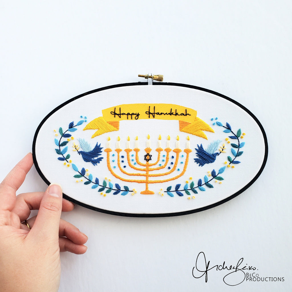 Happy Hanukkah Wreath - PDF Digital Download Embroidery Pattern & Guide