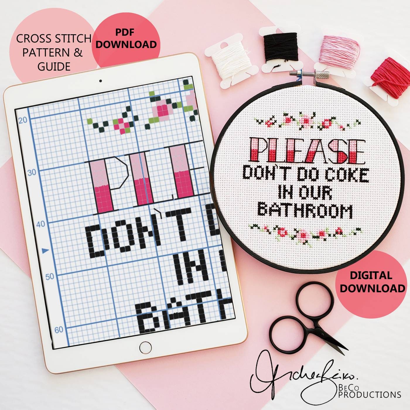 Please Don't Do Coke In Our Bathroom - PDF Digital Download Cross Stitch Pattern & Guide