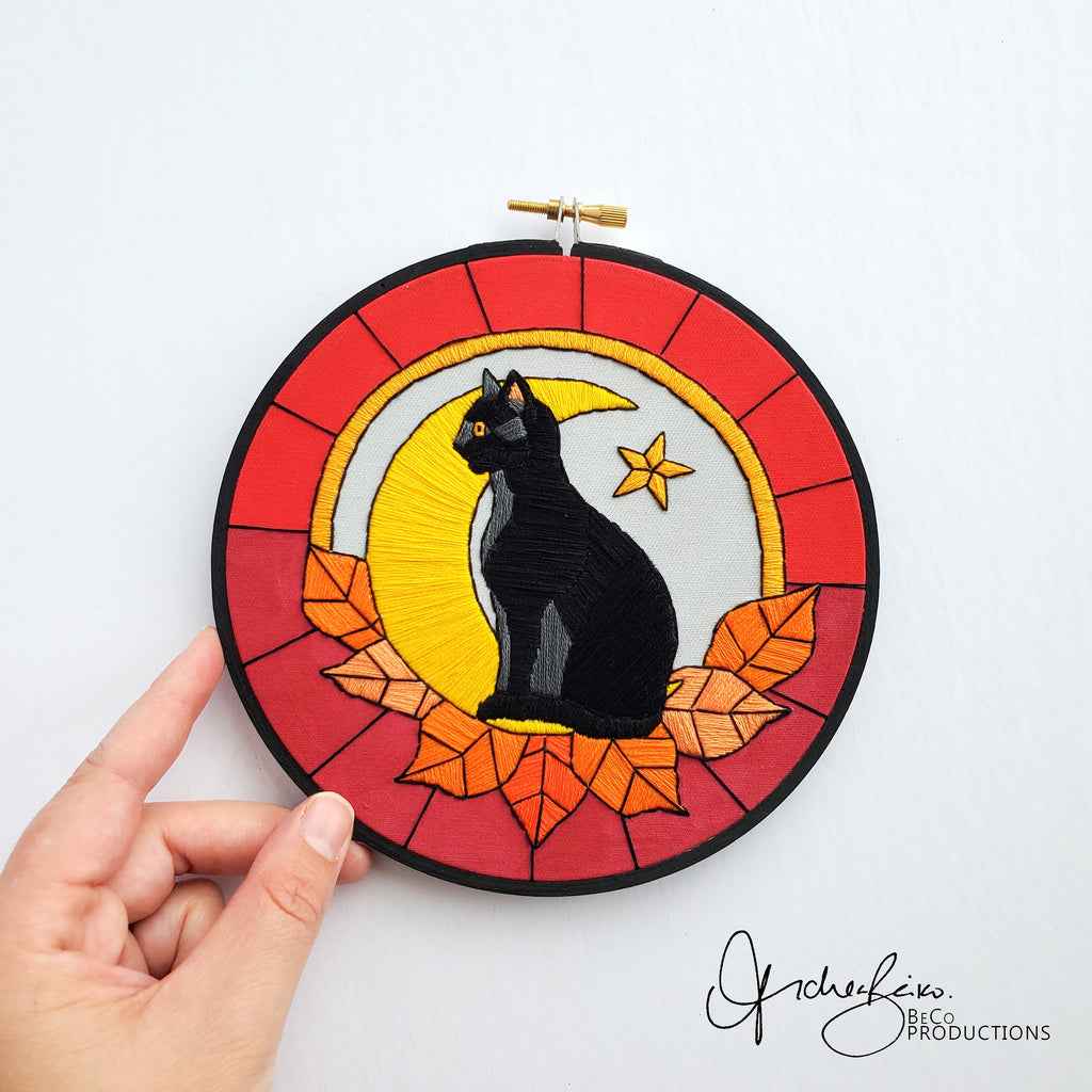 Stained Glass Halloween Black Cat - PDF Digital Download Embroidery Pattern & Guide