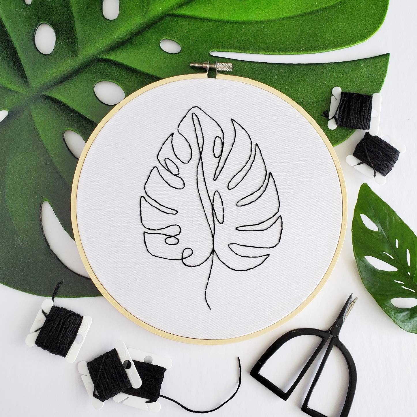 Monstera Leaf Line Drawing - PDF Digital Download Embroidery Pattern & Guide
