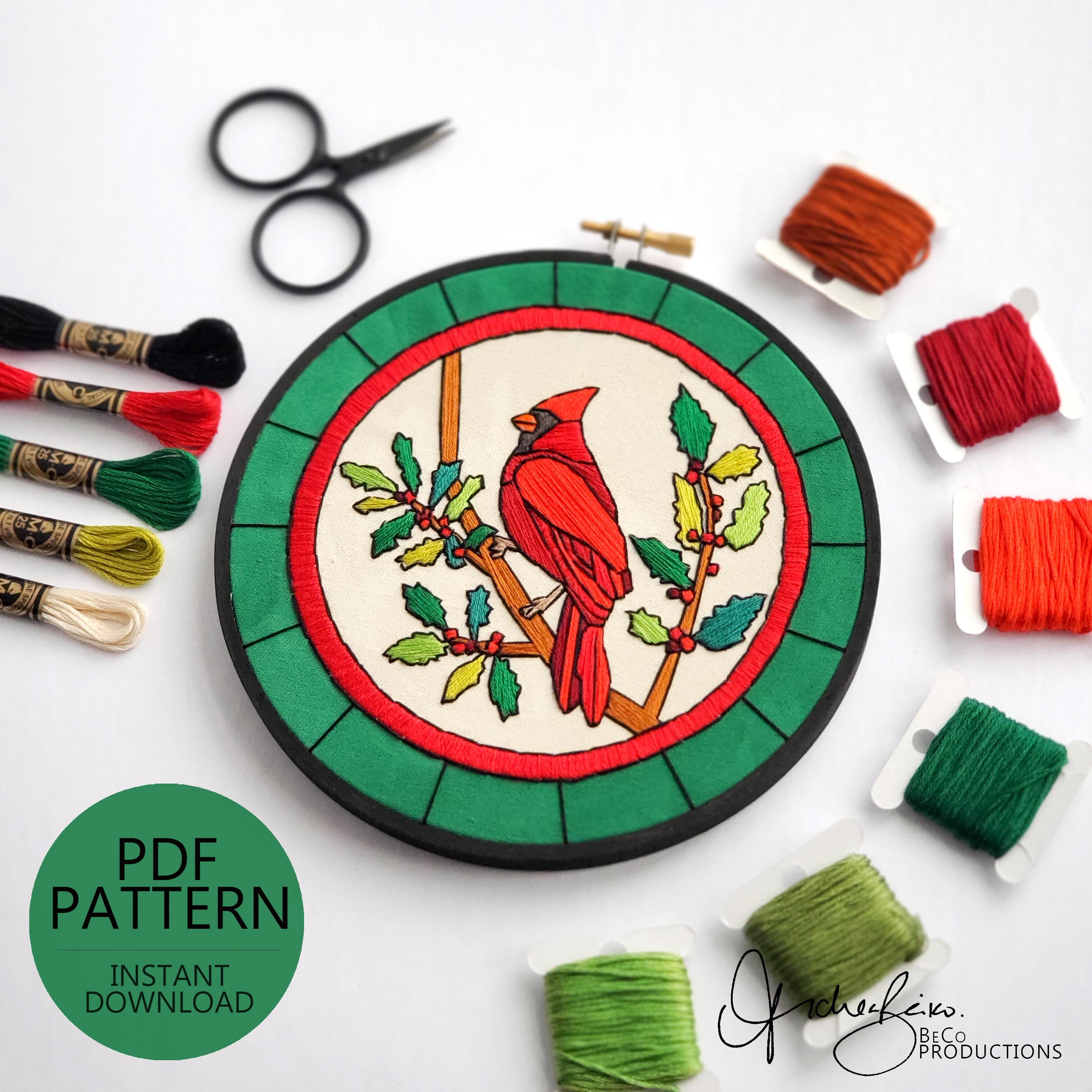 DECEMBER Monthly Series Stained Glass Cardinal - PDF Digital Download Embroidery Pattern & Guide