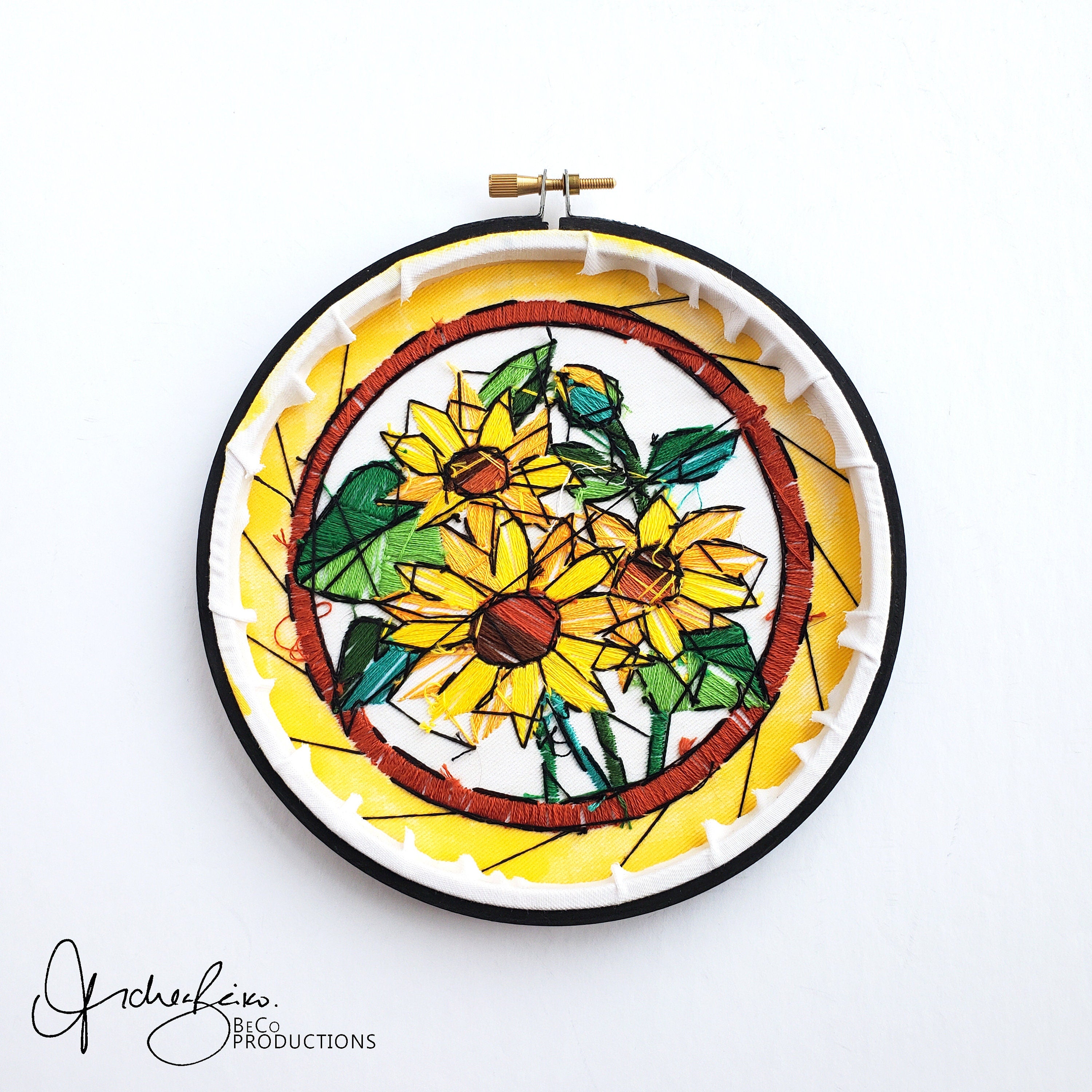 AUGUST Monthly Series Stained Glass Sunflowers- PDF Digital Download Embroidery Pattern & Guide