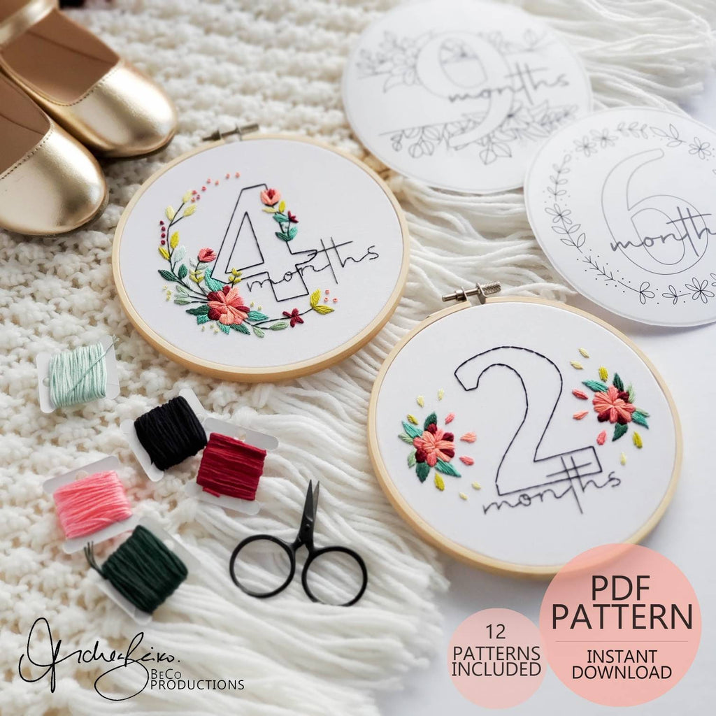 Baby Floral Milestones (6inch Hoops - 12 Patterns Total) - PDF Digital Download Embroidery Pattern & Guide
