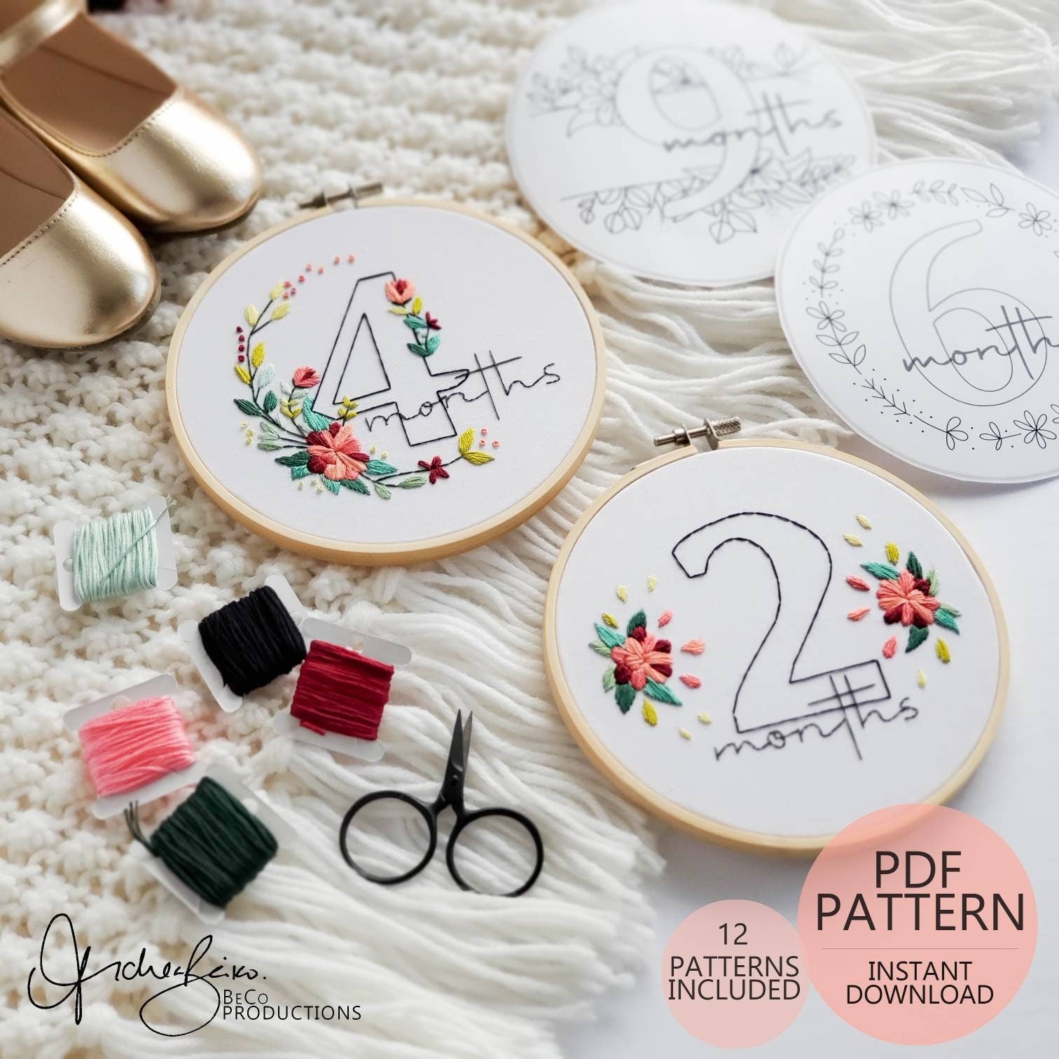 Baby Floral Milestones (6inch Hoops - 12 Patterns Total) - PDF Digital Download Embroidery Pattern & Guide