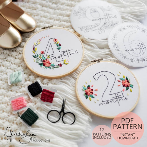 Baby Floral Milestones (6inch Hoops - 12 Patterns Total) - PDF Digital Download Embroidery Pattern & Guide