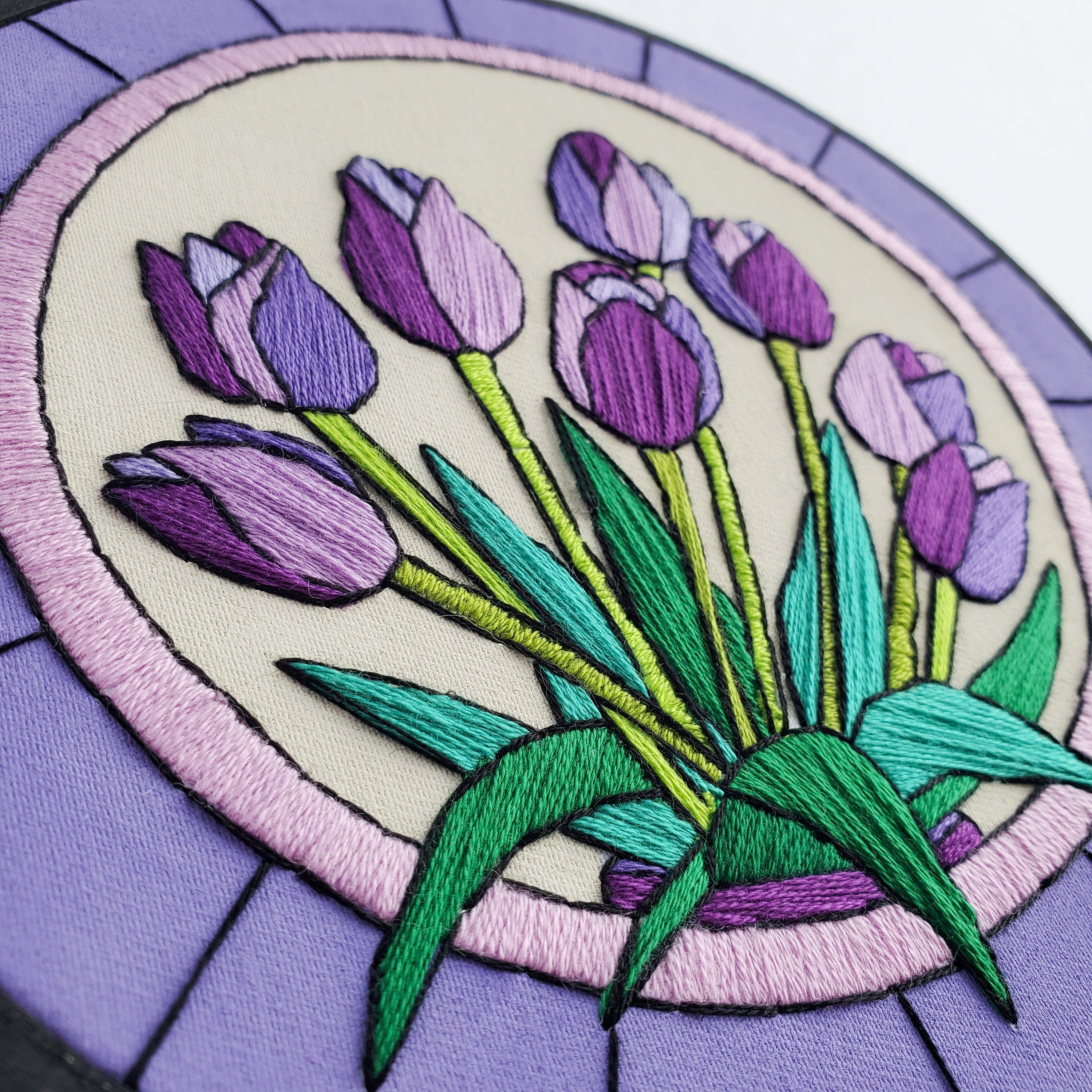 APRIL Monthly Series Stained Glass Tulips - PDF Digital Download Embroidery Pattern & Guide