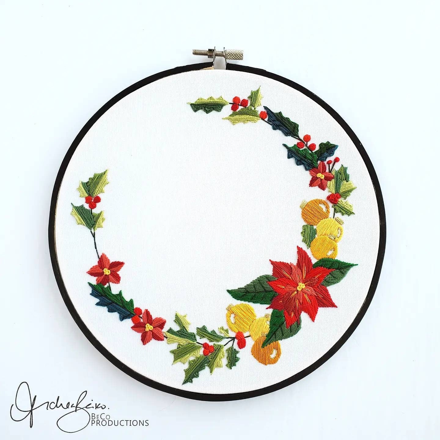 Holiday Poinsettia Wreath - PDF Digital Download Embroidery Pattern & Guide